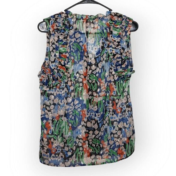 Anthropologie Let Me Be Metallic Sheer Floral Preppy Ruffle Career Top size XS - Picture 7 of 11